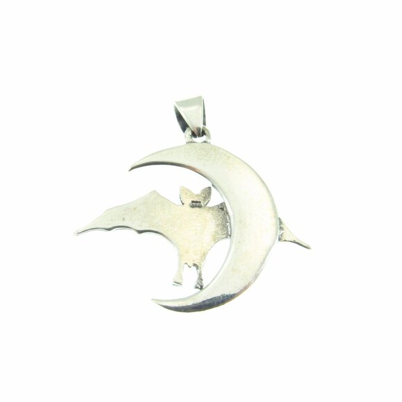Solid 925 Sterling Silver Gothic Crescent Moon Bat Pendant - Vampire Jewelry - Picture 8 of 8